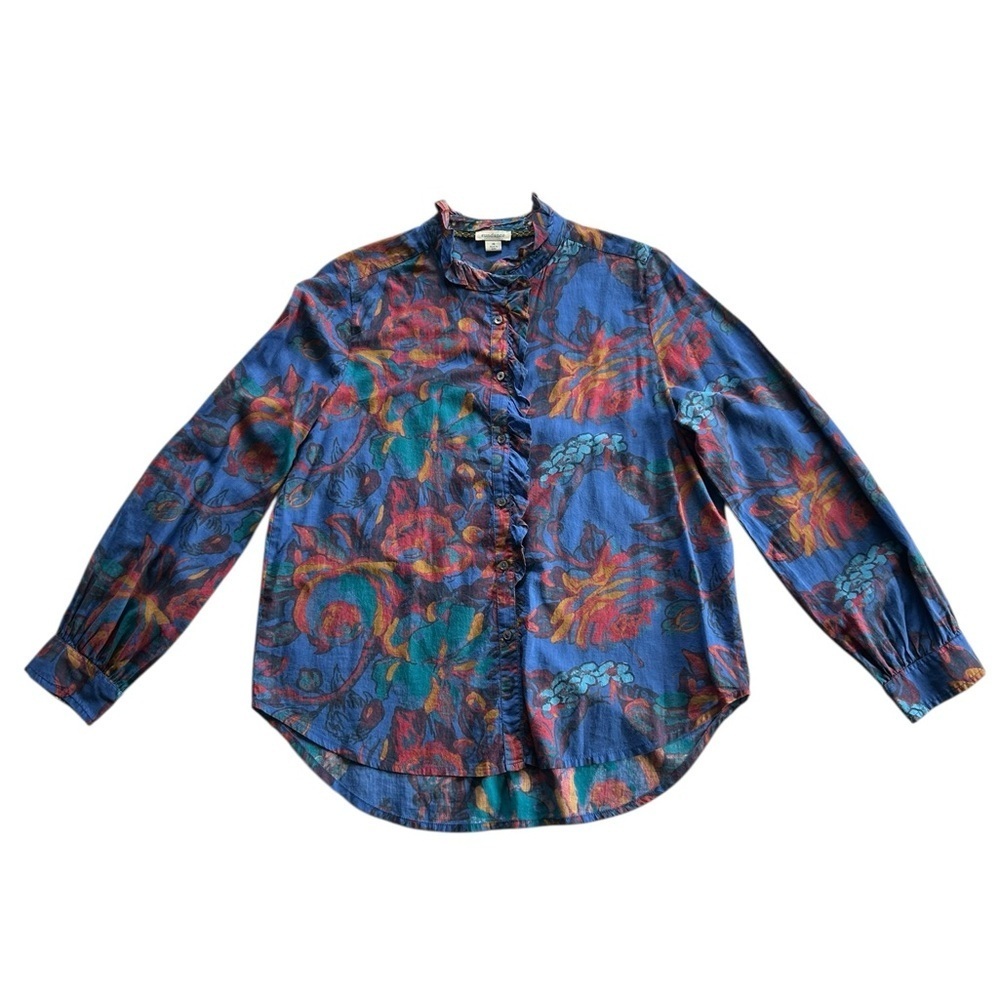 Sundance Sz M Abstract Floral Blouse Boho Western Ruffle Collar Cotton Button Up - Picture 2 of 11